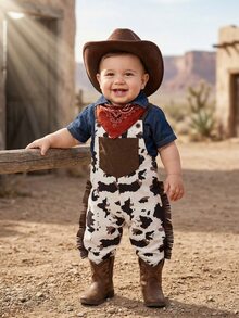 SHEIN 幼童男童西式牛仔連身褲 黑白農場圖案吊帶褲 附流蘇 紅色方巾與帽子 可愛秋季拍照套裝 - 杏色 - 查看 13