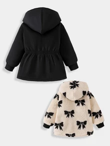 SHEIN Playful Pals 2 Pack Toddler Girl Reversible Jacket Cute Elegant Black Beige Bowknot Print Fuzzy Fleece Long Sleeve Hooded Thick Vacation Winter Cozy Princess Coat - Black - View 2