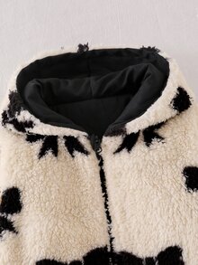 SHEIN Playful Pals 2 Pack Toddler Girl Reversible Jacket Cute Elegant Black Beige Bowknot Print Fuzzy Fleece Long Sleeve Hooded Thick Vacation Winter Cozy Princess Coat - Black - View 6