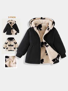 SHEIN Playful Pals 2 Pack Toddler Girl Reversible Jacket Cute Elegant Black Beige Bowknot Print Fuzzy Fleece Long Sleeve Hooded Thick Vacation Winter Cozy Princess Coat - Black - View 3