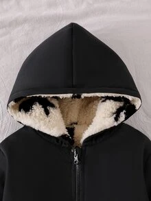 SHEIN Playful Pals 2 Pack Toddler Girl Reversible Jacket Cute Elegant Black Beige Bowknot Print Fuzzy Fleece Long Sleeve Hooded Thick Vacation Winter Cozy Princess Coat - Black - View 8