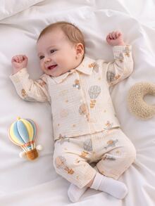 SHEIN 新生兒秋季純棉熱氣球、卡通飛機、雲朵、星星與月亮印花翻領長袖套裝 - 杏色 - 查看 5