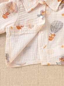 SHEIN 新生兒秋季純棉熱氣球、卡通飛機、雲朵、星星與月亮印花翻領長袖套裝 - 杏色 - 查看 7