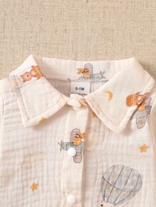 SHEIN 新生兒秋季純棉熱氣球、卡通飛機、雲朵、星星與月亮印花翻領長袖套裝 - 杏色 - 查看 6