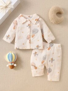 SHEIN 新生兒秋季純棉熱氣球、卡通飛機、雲朵、星星與月亮印花翻領長袖套裝 - 杏色 - 查看 3