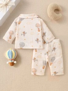 SHEIN 新生兒秋季純棉熱氣球、卡通飛機、雲朵、星星與月亮印花翻領長袖套裝 - 杏色 - 查看 4