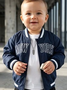 SHEIN Playful Pals Baby Boy Colorblock Striped Ribbed Collar Cartoon Cute 3D Embroidered Long Sleeve Zip-Up Jacket, Spring Autumn Casual College Style Letter Embroidery Jacket - Royal Blue - View 7