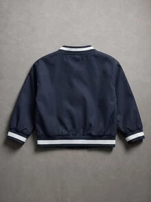 SHEIN Playful Pals Baby Boy Colorblock Striped Ribbed Collar Cartoon Cute 3D Embroidered Long Sleeve Zip-Up Jacket, Spring Autumn Casual College Style Letter Embroidery Jacket - Royal Blue - View 3