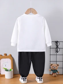 SHEIN 2 件套男婴卡通熊动物图案休闲简约长袖上衣和长裤套装，适合秋季 - 彩色 - 查看 3