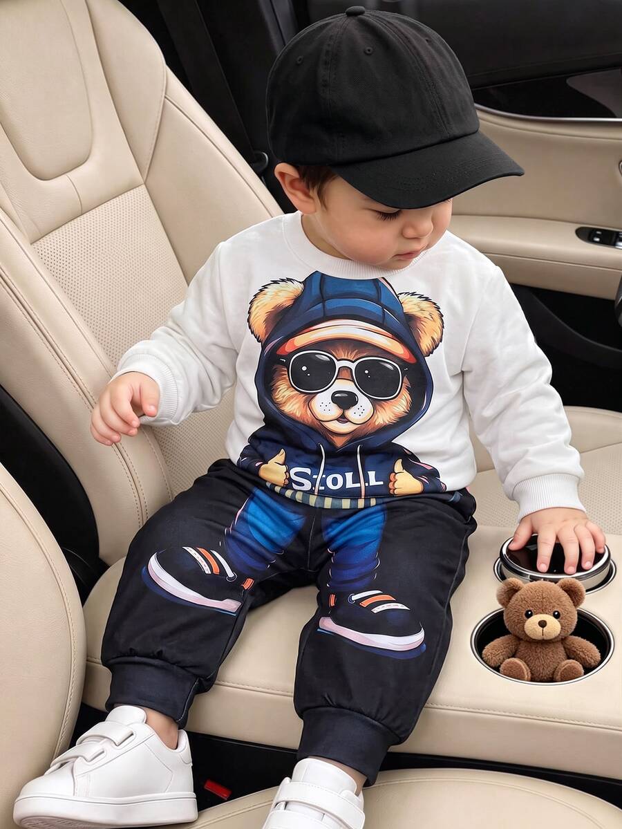 SHEIN 2 件套男婴卡通熊动物图案休闲简约长袖上衣和长裤套装，适合秋季