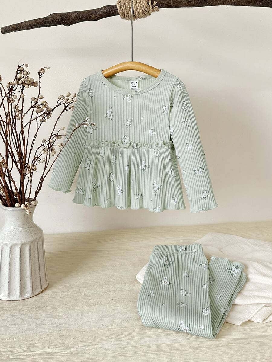 SHEIN Busana Bayi Perempuan Kasual Motif Bunga Kecil yang Elegan, Musim Gugur/Musim Dingin