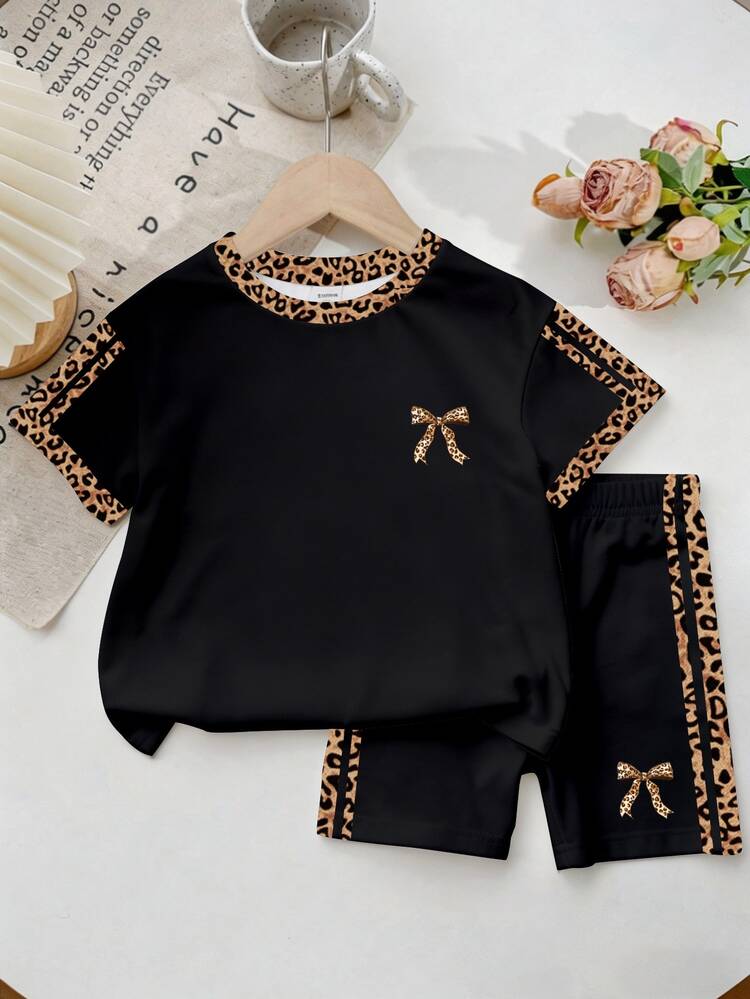 Young Girls Bow Leopard T-Shirt Co-Ords, Cute Tops, Streetwear, Holiday Outfits, School, Summer Holiday Outfits, Vacation, Gym, Graphic Tees - Multicolor - View 3
