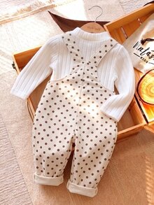 SHEIN Elladie kids Young Girls Casual Style Polka Dot Overalls, Autumn/Winter Loose Straight Leg Fit, Soft And Comfortable Fabric, Versatile For Daily Wear, School And Commuting - Apricot - View 2