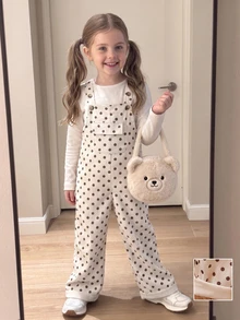 SHEIN Elladie kids Young Girls Casual Style Polka Dot Overalls, Autumn/Winter Loose Straight Leg Fit, Soft And Comfortable Fabric, Versatile For Daily Wear, School And Commuting - Apricot - View 1
