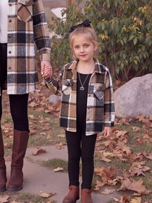 SHEIN Elladie kids 女童春秋日常復古格紋襯衫外套與休閒極簡細肩帶修身長褲兩件套長袖秋季服飾 - 棕色 - 查看 3