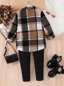 SHEIN Elladie kids 女童春秋日常復古格紋襯衫外套與休閒極簡細肩帶修身長褲兩件套長袖秋季服飾 - 棕色 - 查看 2