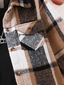 SHEIN Elladie kids 女童春秋日常復古格紋襯衫外套與休閒極簡細肩帶修身長褲兩件套長袖秋季服飾 - 棕色 - 查看 6