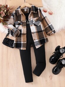 SHEIN Elladie kids 女童春秋日常復古格紋襯衫外套與休閒極簡細肩帶修身長褲兩件套長袖秋季服飾 - 棕色 - 查看 8
