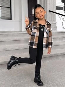 SHEIN Elladie kids 女童春秋日常復古格紋襯衫外套與休閒極簡細肩帶修身長褲兩件套長袖秋季服飾 - 棕色 - 查看 9