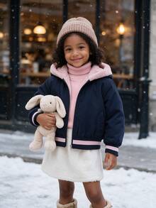 SHEIN Elladie kids 少女連帽冬季外套，街頭風，秋季新款，返校穿搭，黑色上衣，天鵝絨加厚中性夾克 - 黑色 - 查看 5