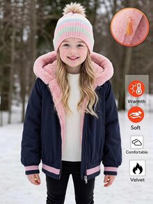 SHEIN Elladie kids 少女連帽冬季外套，街頭風，秋季新款，返校穿搭，黑色上衣，天鵝絨加厚中性夾克 - 黑色 - 查看 4