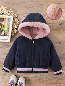 SHEIN Elladie kids 少女連帽冬季外套，街頭風，秋季新款，返校穿搭，黑色上衣，天鵝絨加厚中性夾克 - 黑色 - 查看 6