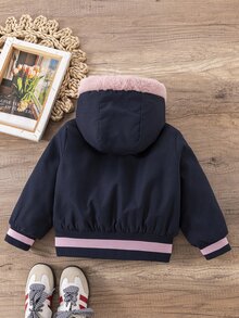 SHEIN Elladie kids 少女連帽冬季外套，街頭風，秋季新款，返校穿搭，黑色上衣，天鵝絨加厚中性夾克 - 黑色 - 查看 3