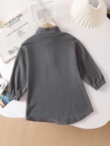 女童字母印花半拉鍊抓絨運動連帽衫洋裝，幼童女孩休閒運動風毛絨立領套頭衫，適合校園與操場穿搭 - 灰色 - 查看 2