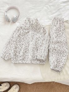 SHEIN 2件組女童幼兒春秋新款時尚豹紋愛心編織帶立領拉鍊夾克與錐形長褲套裝，可愛甜美酷感，適合返校、外出與日常穿著 - 灰色 - 查看 9