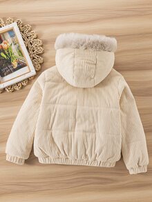 SHEIN Elladie kids 女童連帽冬季外套，街頭風，長袖，秋冬款，天鵝絨加厚夾克 - 卡其色 - 查看 3