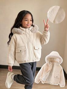 SHEIN Elladie kids 女童連帽冬季外套，街頭風，長袖，秋冬款，天鵝絨加厚夾克 - 卡其色 - 查看 2