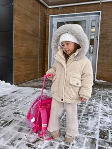 SHEIN Elladie kids 女童連帽冬季外套，街頭風，長袖，秋冬款，天鵝絨加厚夾克 - 卡其色 - 查看 4