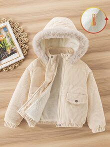 SHEIN Elladie kids 女童連帽冬季外套，街頭風，長袖，秋冬款，天鵝絨加厚夾克 - 卡其色 - 查看 5