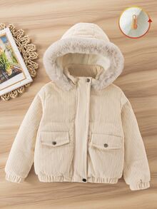 SHEIN Elladie kids 女童連帽冬季外套，街頭風，長袖，秋冬款，天鵝絨加厚夾克 - 卡其色 - 查看 6