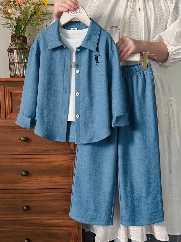 Souflis Souflis Young Girls Soft Blue Shirt Wide Leg Straight Pants 2-Piece Set, Casual Slouchy, Turn-Down Collar, Horse Embroidery Pattern, Elastic Waist, School - Blue - View 2