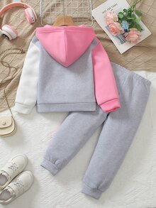 Elladie kids 女童秋冬時尚拼色拼接連帽拉鍊運動衫＋戶外休閒錐形長褲 2 件套，幼兒護理白色 - 彩色 - 查看 4