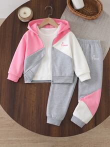 Elladie kids 女童秋冬時尚拼色拼接連帽拉鍊運動衫＋戶外休閒錐形長褲 2 件套，幼兒護理白色 - 彩色 - 查看 2