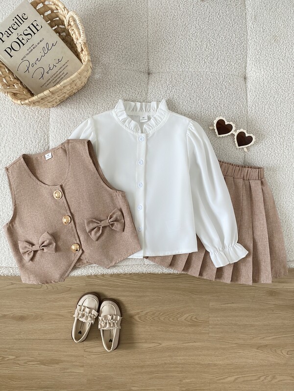 Elladie kids Young Girls Ruffle Pleated Bow T-Shirt Set, Casual, Cute, Preppy, Vintage, Fall, Back To School, Outdoor, Sports, Daily, Comfortable, Warm, Outfit