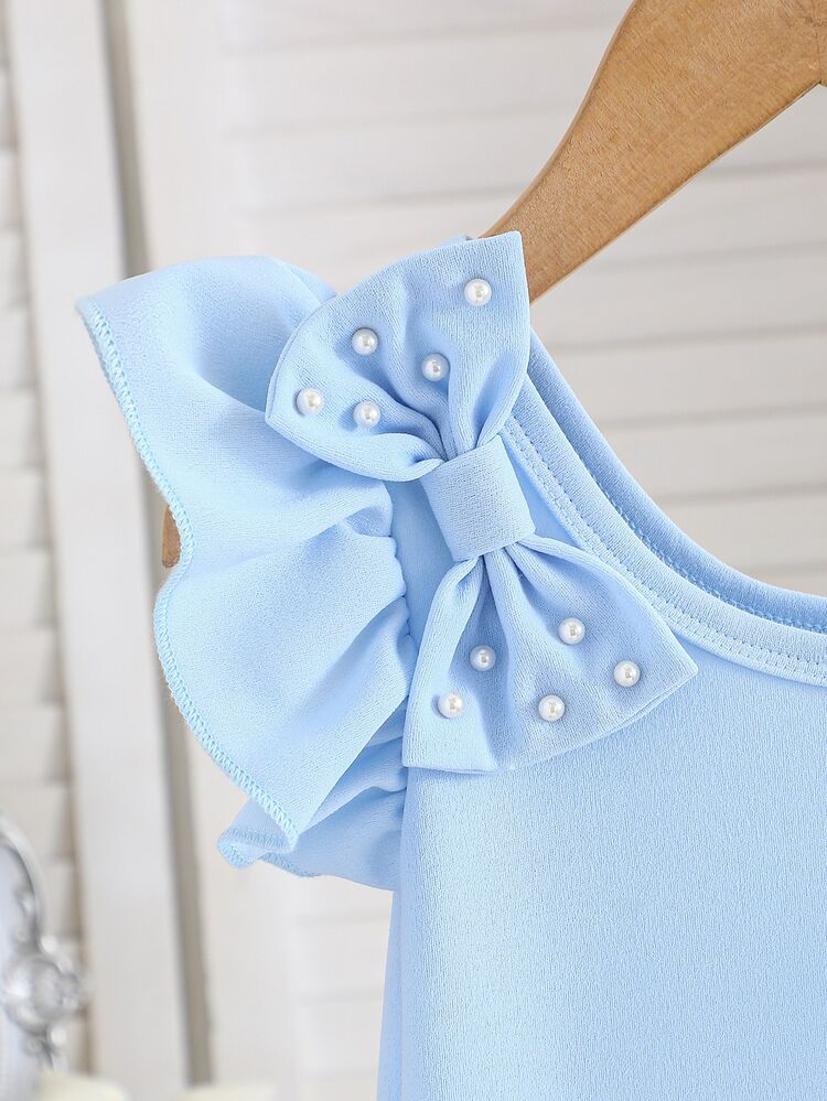 Elladie kids Girls' Light Blue One-Shoulder Dress With Pearl Waist Bow Detail, Sleeveless A-Line Party Dress, Back To School Clothes Wedding Outfits Summer - Blue - View 5