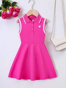 Genkimix Kids Young Girl Preppy Style Heart-Shaped Print Striped Trim Ribbed Collar Sleeveless Dress Back To School Clothes Girls Fall Clothes Holiday Outfits - Hot Pink - View 5