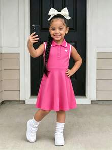 Genkimix Kids Young Girl Preppy Style Heart-Shaped Print Striped Trim Ribbed Collar Sleeveless Dress Back To School Clothes Girls Fall Clothes Holiday Outfits - Hot Pink - View 9