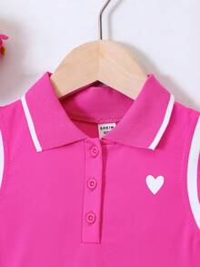Genkimix Kids Young Girl Preppy Style Heart-Shaped Print Striped Trim Ribbed Collar Sleeveless Dress Back To School Clothes Girls Fall Clothes Holiday Outfits - Hot Pink - View 6
