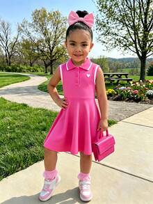 Genkimix Kids Young Girl Preppy Style Heart-Shaped Print Striped Trim Ribbed Collar Sleeveless Dress Back To School Clothes Girls Fall Clothes Holiday Outfits - Hot Pink - View 1