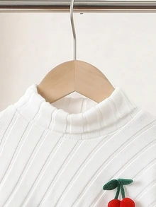 SHEIN 女童秋冬休閒T恤套裝，設計感不對稱套頭高領針織羅紋刷毛布料素色米色長袖上衣，搭配米色休閒喇叭褲，2件套，適合春夏秋冬返校季，優雅淑女風高端日常校園出遊旅行聚會穿搭 - 紅色 - 查看 6