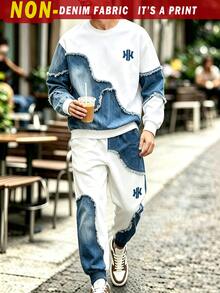 青少年男孩拼色拼接牛仔效果印花運動衫與運動長褲套裝 - 彩色 - 查看 3