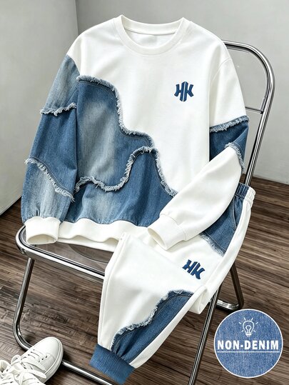 Teen Boy Colorblock Patchwork Denim Effect Print Sweatshirt And Sweatpants Set