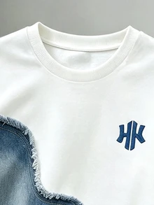 青少年男孩拼色拼接牛仔效果印花運動衫與運動長褲套裝 - 彩色 - 查看 4