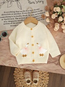 SHEIN 幼童女款奶油色針織開襟衫，柔軟舒適，天鵝刺繡鈕扣前襟毛衣，甜美休閒冬季穿著，柔軟舒適，溫暖秋季與冬季 - 米色 - 查看 6