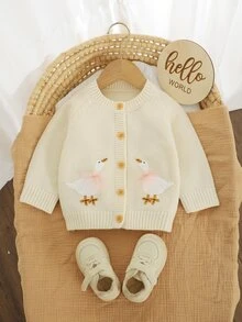 SHEIN 幼童女款奶油色針織開襟衫，柔軟舒適，天鵝刺繡鈕扣前襟毛衣，甜美休閒冬季穿著，柔軟舒適，溫暖秋季與冬季 - 米色 - 查看 8