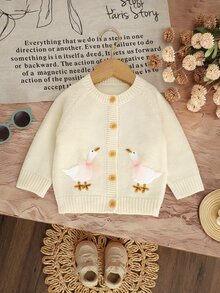 SHEIN 幼童女款奶油色針織開襟衫，柔軟舒適，天鵝刺繡鈕扣前襟毛衣，甜美休閒冬季穿著，柔軟舒適，溫暖秋季與冬季 - 米色 - 查看 4